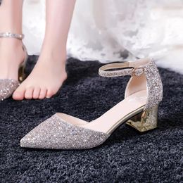 Sandals Gold Wedding Shoes 2024 Bridesmaid Chunky Square High Heels Dress Sandal Sequin Cloth Upper One-button Ankle Strap Pumps