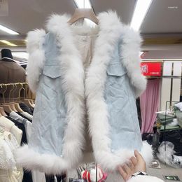 Women's Vests Winter Women Faux Fur Patchwork Light Blue Denim Vest Fashion Pearl Bead V-neck Sleeveless Warm Down Liner Cowboy Waistcoat