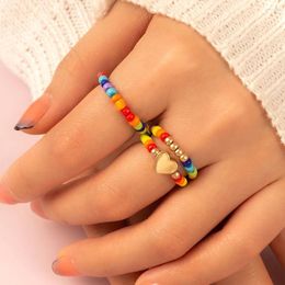 Cluster Rings 3Pcs Summer Bead Set For Women Bohemian Love Heart Colourful Beads Adjustable Rope Chain Fashion Jewellery AM4361