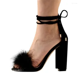 Sandals Onlymaker Women Lace Up Ankle Strap Fluffy Marabou Feather Gladiator Strappy Chunky High