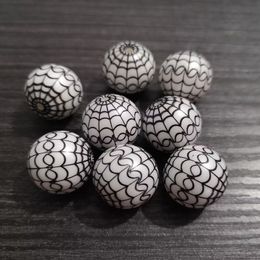 Wholesale 20mm 100pcsbag Acrylic White Matte Pearl Print Black Spider Web Beads For Halloween Jewelry 240125