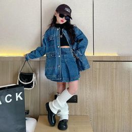 Clothing Sets Teenage Girl Denim Suits 2 Pieces Loose Jackets Pleated Skirts Fashion Casual Kids Outfits Girls Clothes Set Children Suit