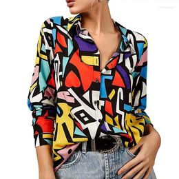 Women's Blouses Long Sleeve Printed Shirt Temperament Single Breasted Lapel Blouse Full Button Print V Neck Loose Casual