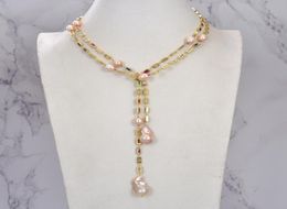 GuaiGuai Jewellery Cultured Pink Keshi Pearl Mixed Colour Rectangle Cz Pave Long Chain Necklace Handmade For Women Real Gems Stone La5050483