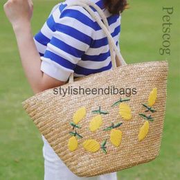 Shoulder Bags Large Capacity Summer Tote Bags For Women Lemon Pattern Embroidered Straw Bag Bohemian Beach Party Big Handbags Shoulder BagH24219