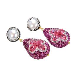 GuaiGuai Jewellery Red Crystal Rose CZ Natural White Pearl Earrings Handmade For Women Real Gems Stone Lady Fashion Jewellry7218390