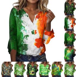 Women's T Shirts Loose Casual T-Shirt V-Neck St Patrick's Day Print Flared Seven Sleeve Top Korean Style Versatile Shirt Ropa De Mujer