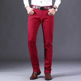 Classic Style Mens Wine Red Jeans Fashion Business Casual Straight Denim Stretch Trousers Male Brand Pants 240130