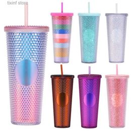 Tumblers 710ml Straw Cup with Lid Studded Finish Double Wall Coffee Mugs Plastic Studded Durian Tumblers Cold Bling Cup Drinkware T240218