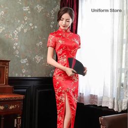 Elegant Brocade Satin Long Fork Cheongsam Chinese Classic Womens Qipao Short Sleeve Sexy Wedding Evening Party Dress 4XL 240226