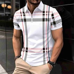 Men's Polos 2024 Cross-border Summer Express Mens Printed Checked Striped POLO Shirt Zipper Sports Casual Short Sleeve Q240218