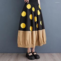 Skirts #3037 Summer Polka Dot Printed Skirt Women Loose Vintage A-line Spliced Color Midi Female Elastic High Waisted