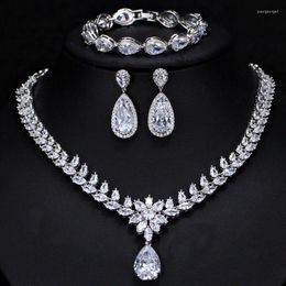 Necklace Earrings Set Teardrop Shape 3A Clear Cubic Zircon Crystal Chain Stud Bracelet Bride Wedding Jewellery