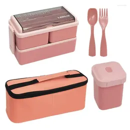 Dinnerware Bento Boxes Leakproof With Fork And Spoon Set Healthy Grade Plastic Lunch Box For Kids Student 1400ml