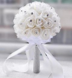Beautiful White Ivory Bridal Bridesmaid Flower Wedding Bouquet Artificial Flower Rose Bouquet Crystal Bridal Bouquets8909082