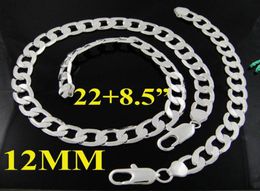 Fashion Men039s Jewellery set 925 Silver 12MM Curb Chain Flat Necklace Bracelet set 2285inch 10sets5019175