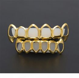 New Hip Hop Custom Fit Grill Six Hollow Open Face Gold Mouth Grillz Caps Top Bottom With Silicone Vampire teeth Set4736353