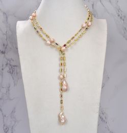 GuaiGuai Jewelry Cultured Pink Keshi Pearl Mixed Color Rectangle Cz Pave Long Chain Necklace Handmade For Women Real Gems Stone La4263087