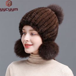 Winter Real Mink Fur Hat For Women Knitted Mink Fur Ear Warm Cap The Spiral Beanies Cap With Fox Fur Pompom On The Top 240202