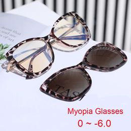 Nearsighted Glasses Blue Light Filter Female Polarized Clip On Sunglasses Retro Clear Square Leopard Anti Myopia 240119