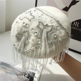 Berets 202412-shi Ins Chic Winter Design Wool Felt Lady Shines Bright Diamond Crystal Tassels Beret Cap Women Leisure Painter Hat
