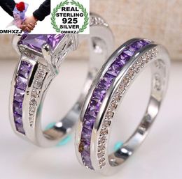 OMHXZJ Whole European Fashion Woman Man Party Wedding Gift Square Amethyst 925 Sterling Silver Ring Set RR768578461