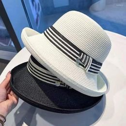 Berets The Straw Hat Lady Striped Cloth With Curling Edge Beach Travel Black Border