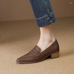 Dress Shoes Women Pumps Retro Style High Heel Elegant Girls Pointed Toe Spring Atumn Real Leather Simple Slip On Loafers