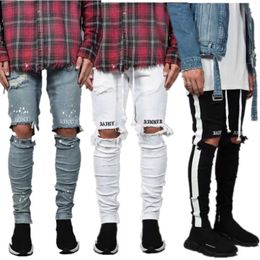 Men's Jeans2024 designer New Fashion Mens Jean Street Black Holes White Stripes Jeans Hiphop Skateboard Pencil Pants