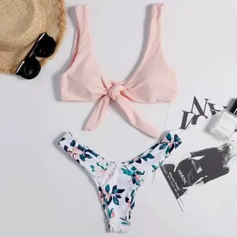 Women's Swimwear 2024 Swimming Suit Sexy Bikini Front Tie Push Up Padded Cut Out Solid Pink Bathing Swimsuit Beachwear