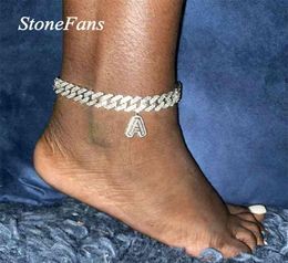 Stonefans AZ DIY Baguette Miami 12mm Cuban Anklet Letter Pendant for Women Iced Out CZ Link Hiphop Foot Jewellery 2107091227080