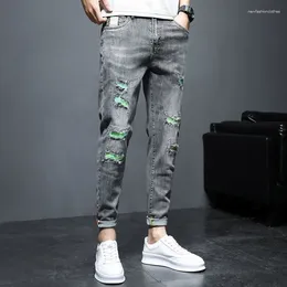 Men's Jeans Broken Trousers Cropped Ripped Man Cowboy Pants Torn With Holes Regular Trend 2024 Spring Autumn Korean Style Xs