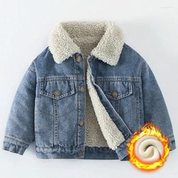 Jackets Winter Kids Fleece Denim Jacket Boys Thick Outerwear 0-7Y Young Children Casual Clothes Autumn Girl Long Sleeve Solid Coats 2024