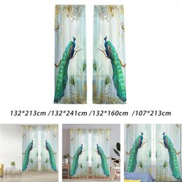 Curtain 2 Pieces Peacock Blue Tulle Curtains Rod Pocket Window Printed Sheer Bedroom Yarn For Farmhouse