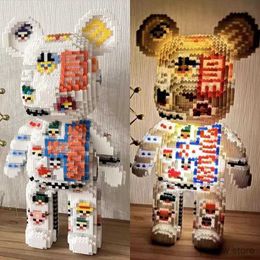 Blocks Cartoon Mini Love Violent Bear Bearbrick Colour Model with Light Building Block Micro Diamond Bricks Kids Toys Birthday Gift Set