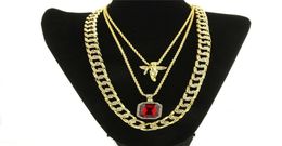 Micro Angel Red Stone Cuban Link Chain 3 Necklace Set Gold Plated Necklace Jewellery Hip Hop Necklace For Men Women KKA18393626530