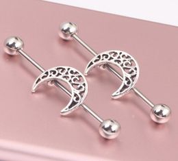 Silver industrial barbell piercing Moon Star earring jewelry Wholes ear Piercing tragus Bar Helix Ear Plug Stretcher3247324