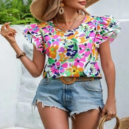 Women's Blouses Fashion Painted Women Shirt Floral Short Sleeve Print U Neck Loose Casual Tops Daily Blouse