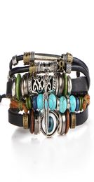 Punk Design Turkish Eye Bracelets For Men Woman New Fashion Wristband Female Leaf Leather Bracelet Stone Vintage Jewelry9171119