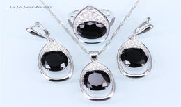 Trendy Big Black stone White Rhinestone Huge Round silver 925 Jewellery Sets For Women Drop Earrings Pendant Necklace Ring207E9825594