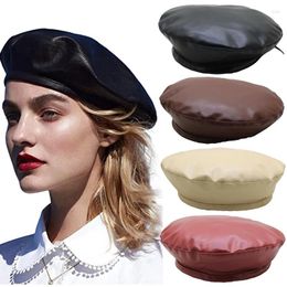Berets PU Leather Beret Women French Artist Spring Beanie Hat Vintage Plain Hats Solid Elegant All-Match Adjustable