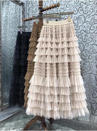 Skirts Floor Length Skirt 2024 Spring Summer Fashion Style Long High Quality Ladies Elastic Waist Cascading Ruffle Mesh