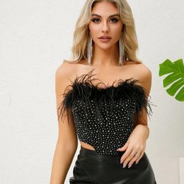 Women's Tanks Fashion Sexy Strapless Tank Top Slim Fit Fishbone -sticking Diamonds Feathers Decorating Vest Crop Short Tops