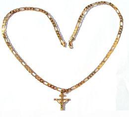 24k Solid Yellow Gold GF 6mm Italian Figaro Link Chain Necklace 24" Womens Mens Jesus Crucifix Pendant4138997