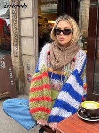 Women's Sweaters Women Sweet O Neck Rainbow Striped Knit Sweater Female Loose Long Sleeve Crochet Pullover 2024 Autumn Winter Ladies Casual