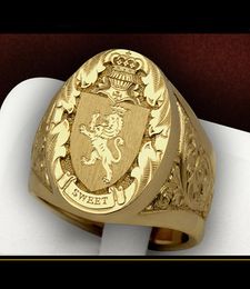 Cao Shi Popular Crown Lion Shield Badge Ring European and American Copper Plating Yellow Gold Royal Seal Mans Ring8805420