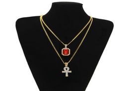 2017 Egyptian large Ankh Key pendant necklaces Sets Mini Square Ruby Sapphire with Charms cuban link Chain For mens Hip Hop 84104123311128