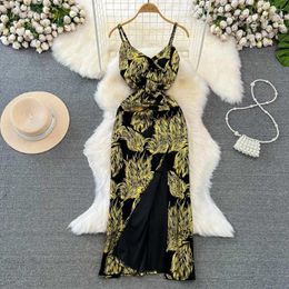 Casual Dresses Foamlina Women Golden Print Spaghetti Strap Dress Elegant V Neck Sleeveless Backless Slim Split Sexy Evening Party Long