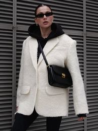 Fashion Solid Lapel Plush Wool Blazer Jacket Women Loose V Neck Long Sleeve White Coat Elegant Ladies Jackets 240118
