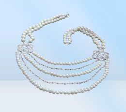 Handmade 5strands white freshwater cultured pearl micro inlay zircon rose accessories sweater necklace long 4552 cm6109883